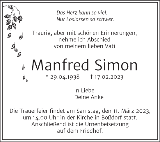 Traueranzeigen Von Manfred Simon Abschied Nehmen De