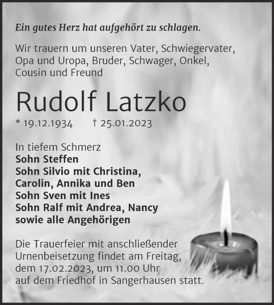 Traueranzeigen Von Rudolf Latzko Abschied Nehmen De