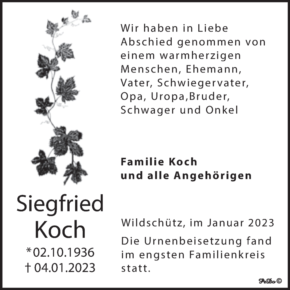 Traueranzeigen Von Siegfried Koch Abschied Nehmen De