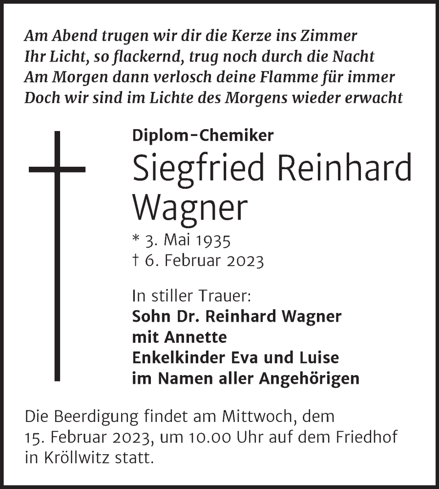 Traueranzeigen Von Siegfried Reinhard Wagner Abschied Nehmen De