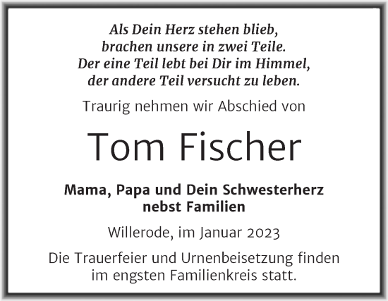 Traueranzeigen Von Tom Fischer Abschied Nehmen De