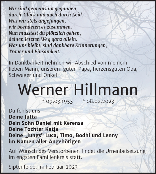 Traueranzeigen Von Werner Hillmann Abschied Nehmen De