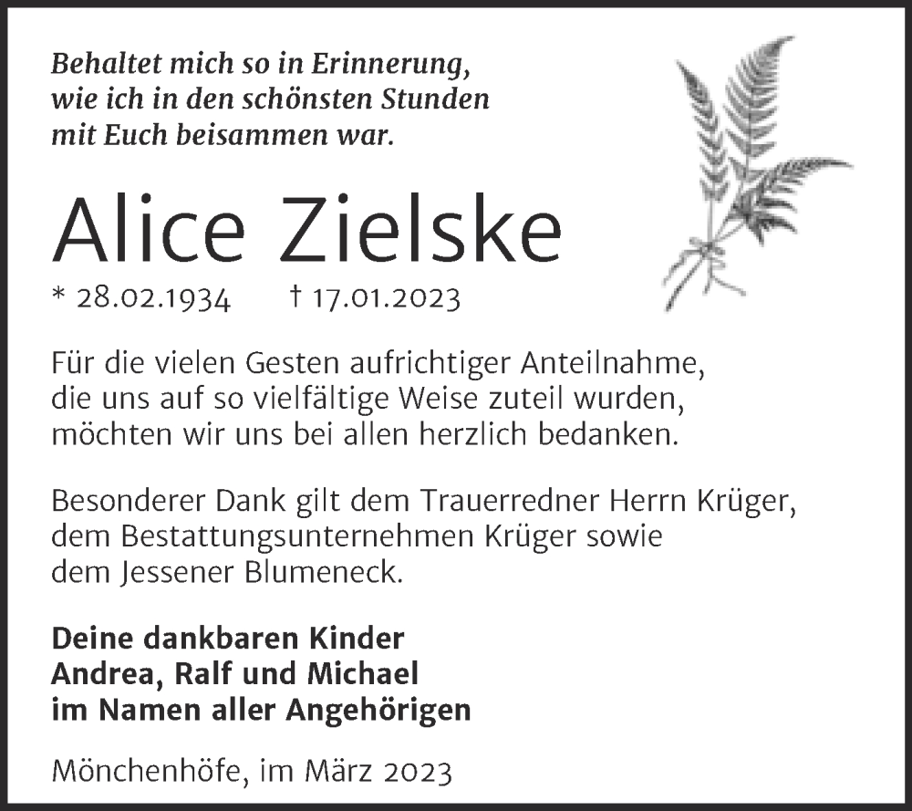 Traueranzeigen Von Alice Zielske Abschied Nehmen De