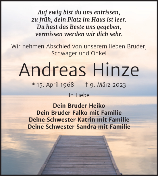 Traueranzeigen Von Andreas Hinze Abschied Nehmen De