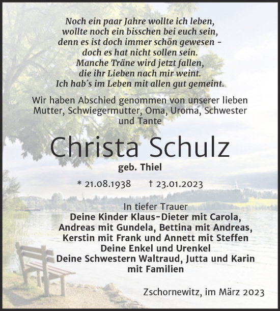 Traueranzeigen Von Christa Schulz Abschied Nehmen De