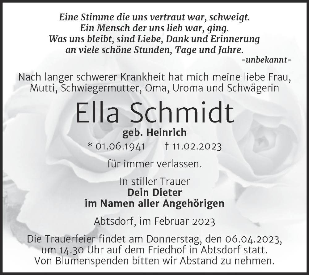 Traueranzeigen Von Ella Schmidt Abschied Nehmen De