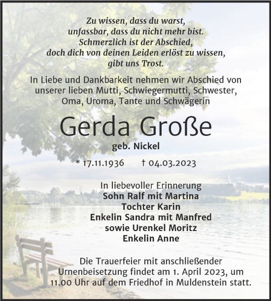 Traueranzeigen Von Gerda Gro E Abschied Nehmen De