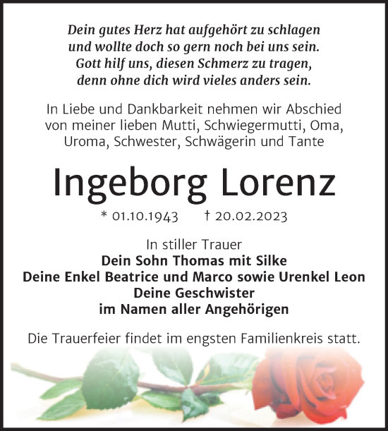 Traueranzeigen Von Ingeborg Lorenz Abschied Nehmen De