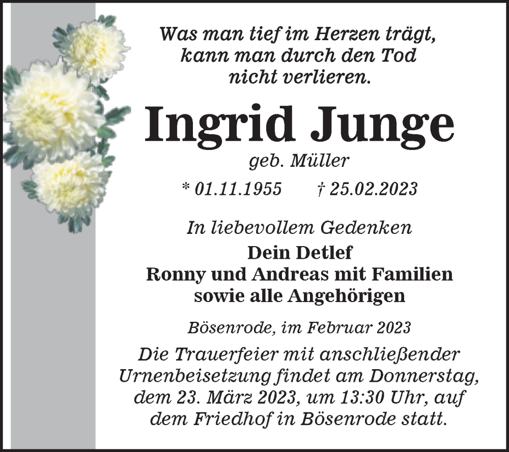 Traueranzeigen Von Ingrid Junge Abschied Nehmen De