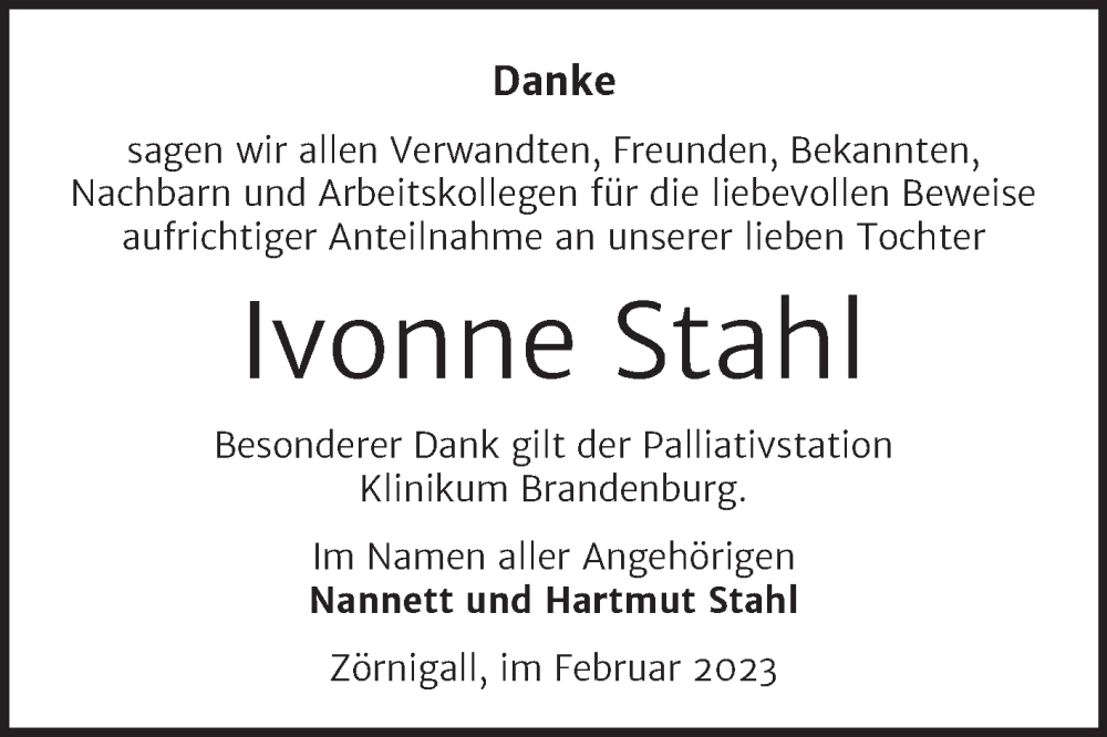 Traueranzeigen Von Ivonne Stahl Abschied Nehmen De