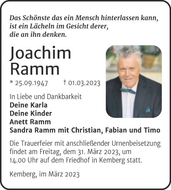 Traueranzeigen Von Joachim Ramm Abschied Nehmen De