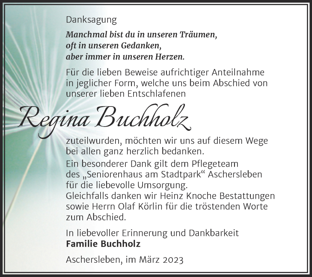 Traueranzeigen Von Regina Buchholz Abschied Nehmen De