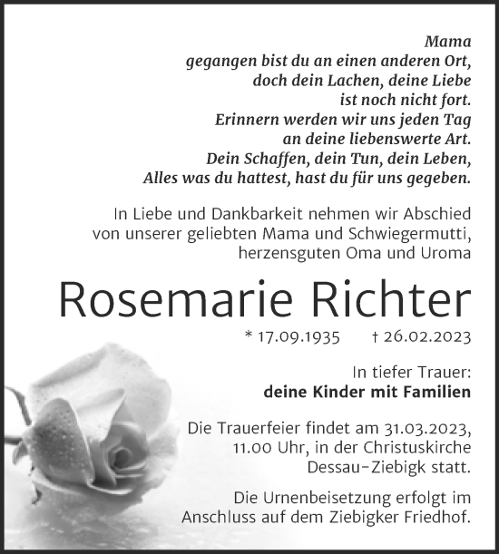 Traueranzeigen Von Rosemarie Richter Abschied Nehmen De