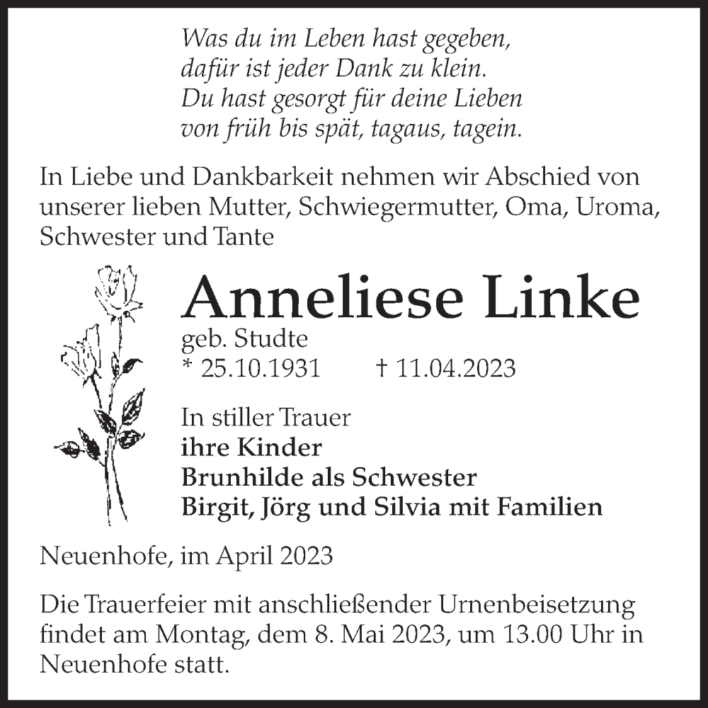 Traueranzeigen Von Anneliese Linke Abschied Nehmen De