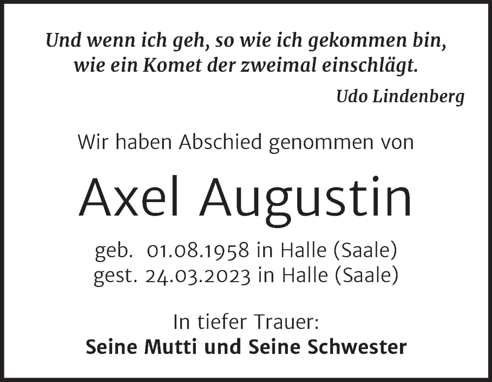 Traueranzeigen Von Axel Augustin Abschied Nehmen De