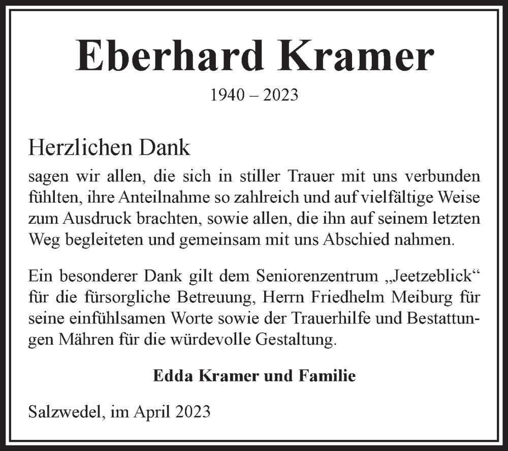 Traueranzeigen Von Eberhard Kramer Abschied Nehmen De