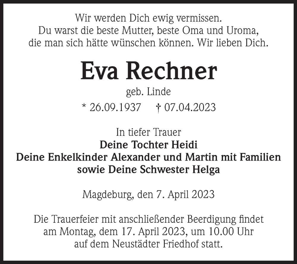 Traueranzeigen Von Eva Rechner Abschied Nehmen De