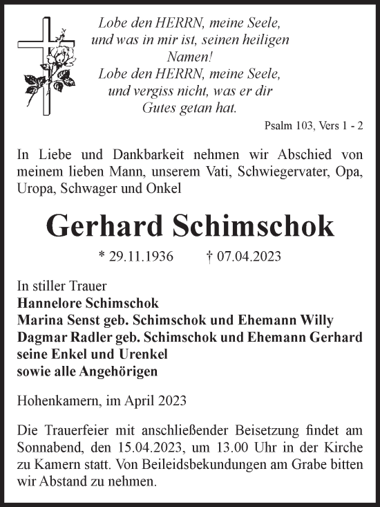 Traueranzeigen Von Gerhard Schimschok Abschied Nehmen De