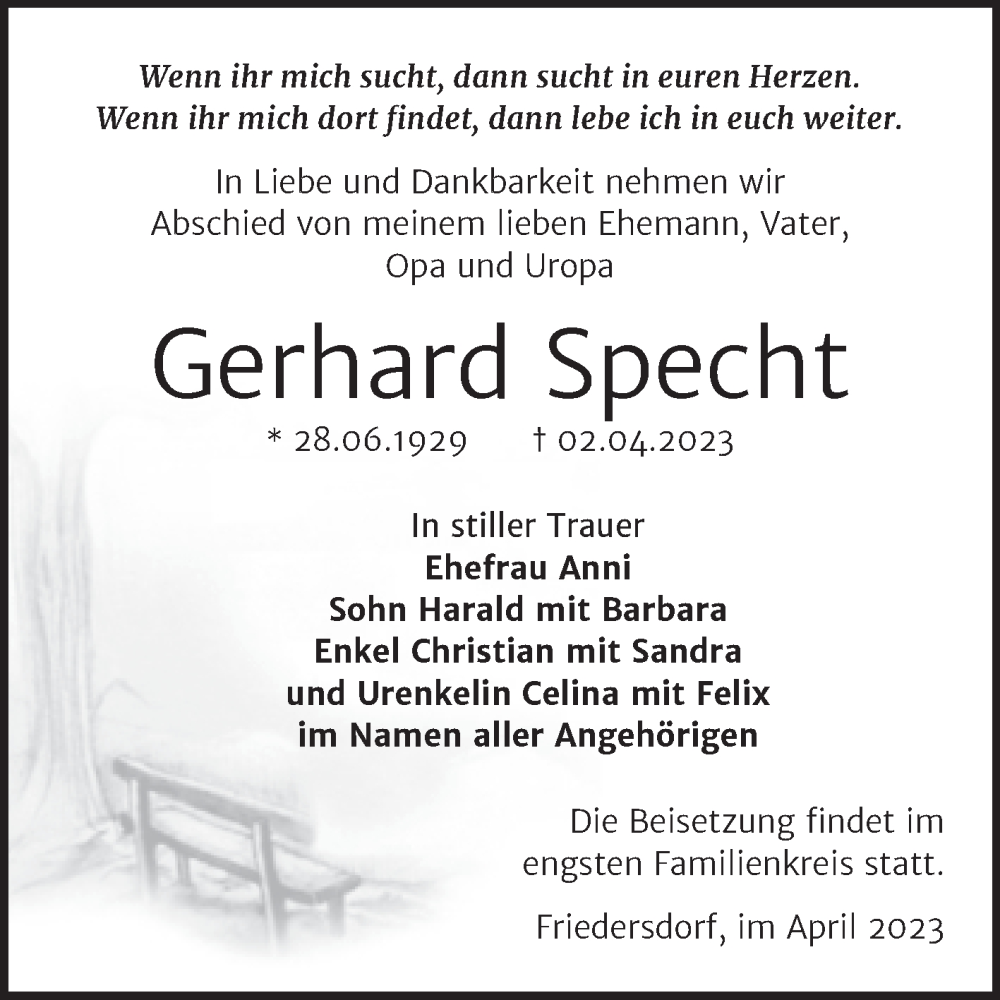 Traueranzeigen Von Gerhard Specht Abschied Nehmen De