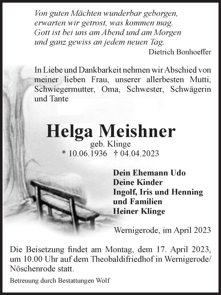 Traueranzeigen Von Helga Meishner Abschied Nehmen De