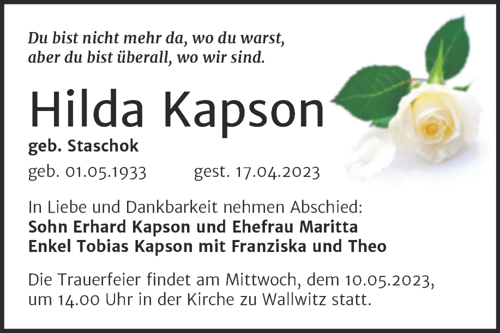 Traueranzeigen Von Hilda Kapson Abschied Nehmen De