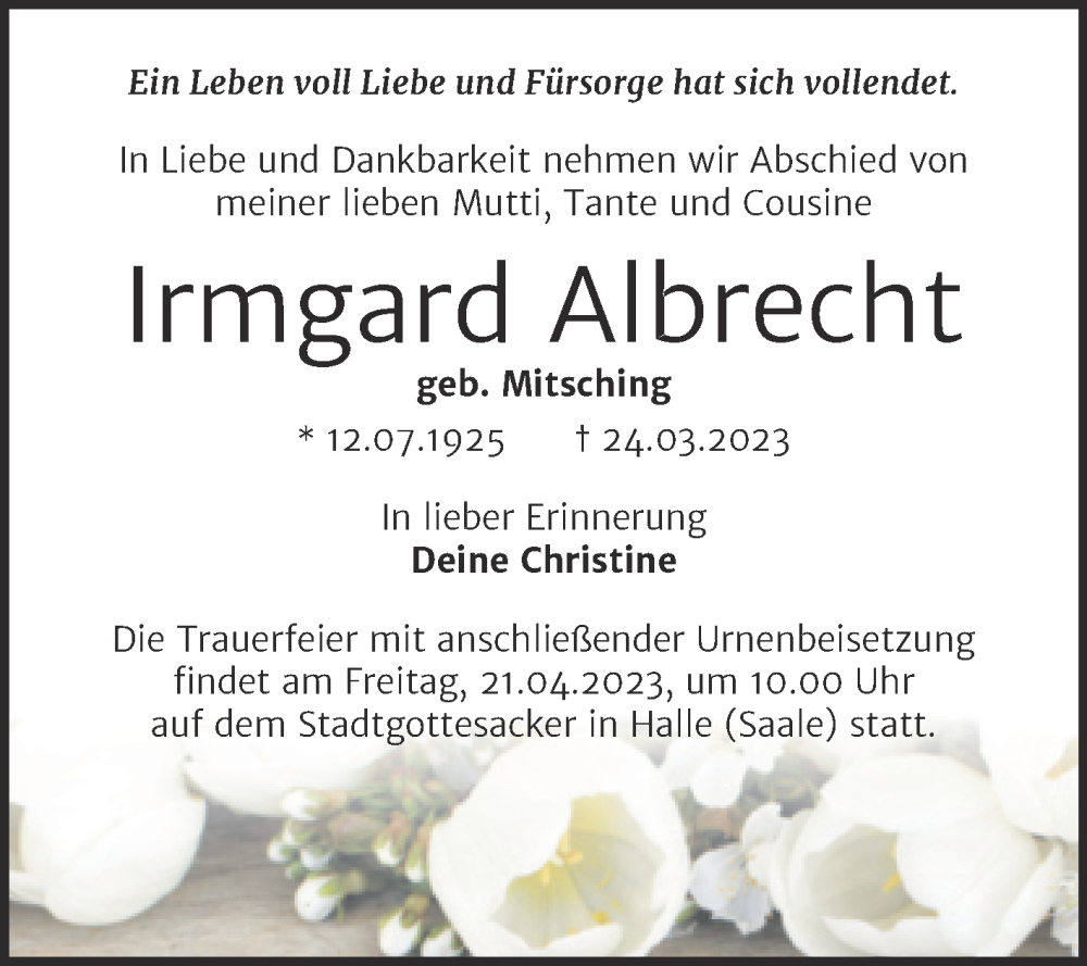 Traueranzeigen Von Irmgard Albrecht Abschied Nehmen De