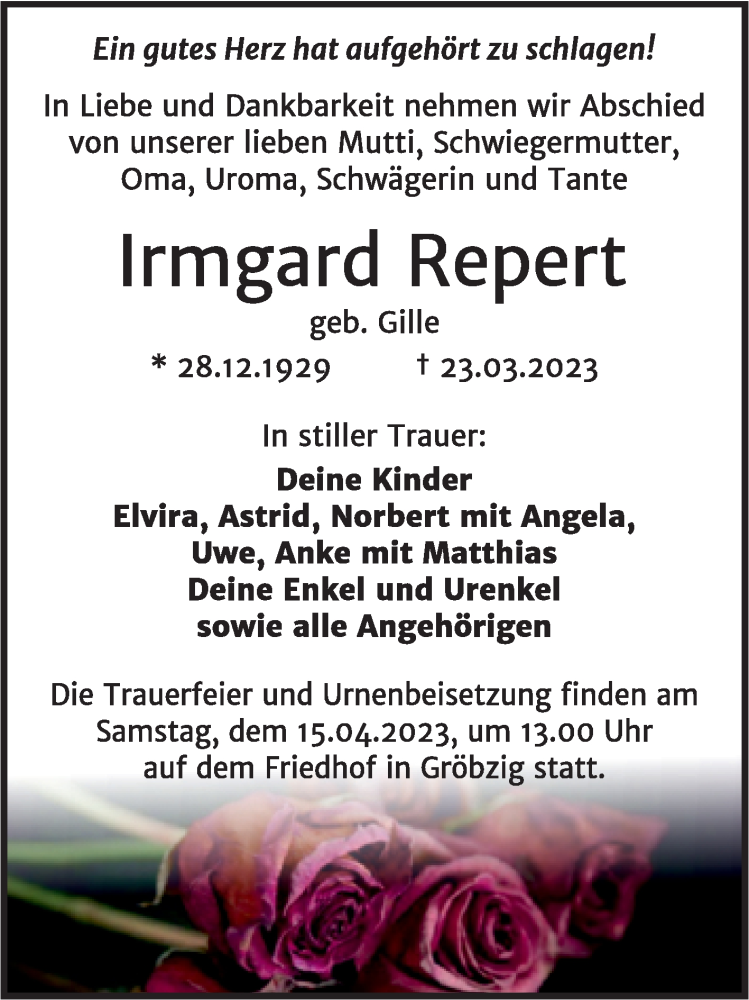 Traueranzeigen Von Irmgard Repert Abschied Nehmen De