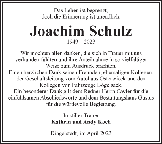 Traueranzeigen Von Joachim Schulz Abschied Nehmen De