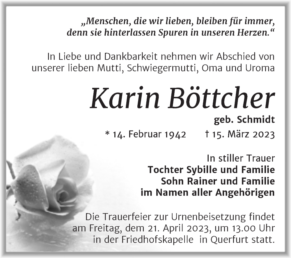 Traueranzeigen Von Karin B Ttcher Abschied Nehmen De