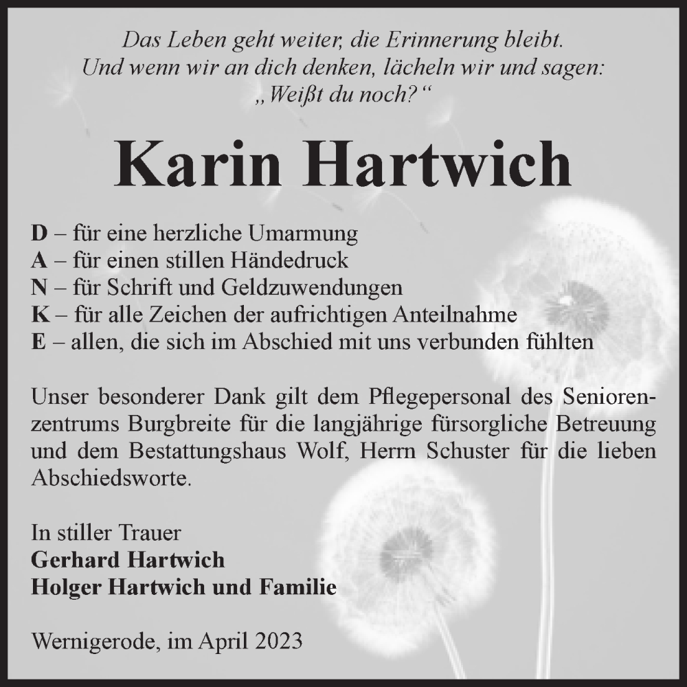 Traueranzeigen Von Karin Hartwich Abschied Nehmen De