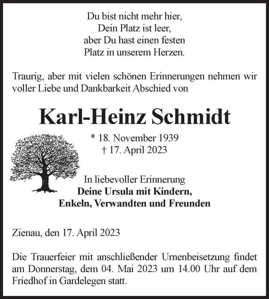 Traueranzeigen Von Karl Heinz Schmidt Abschied Nehmen De