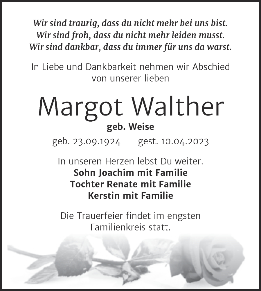 Traueranzeigen Von Margot Walther Abschied Nehmen De