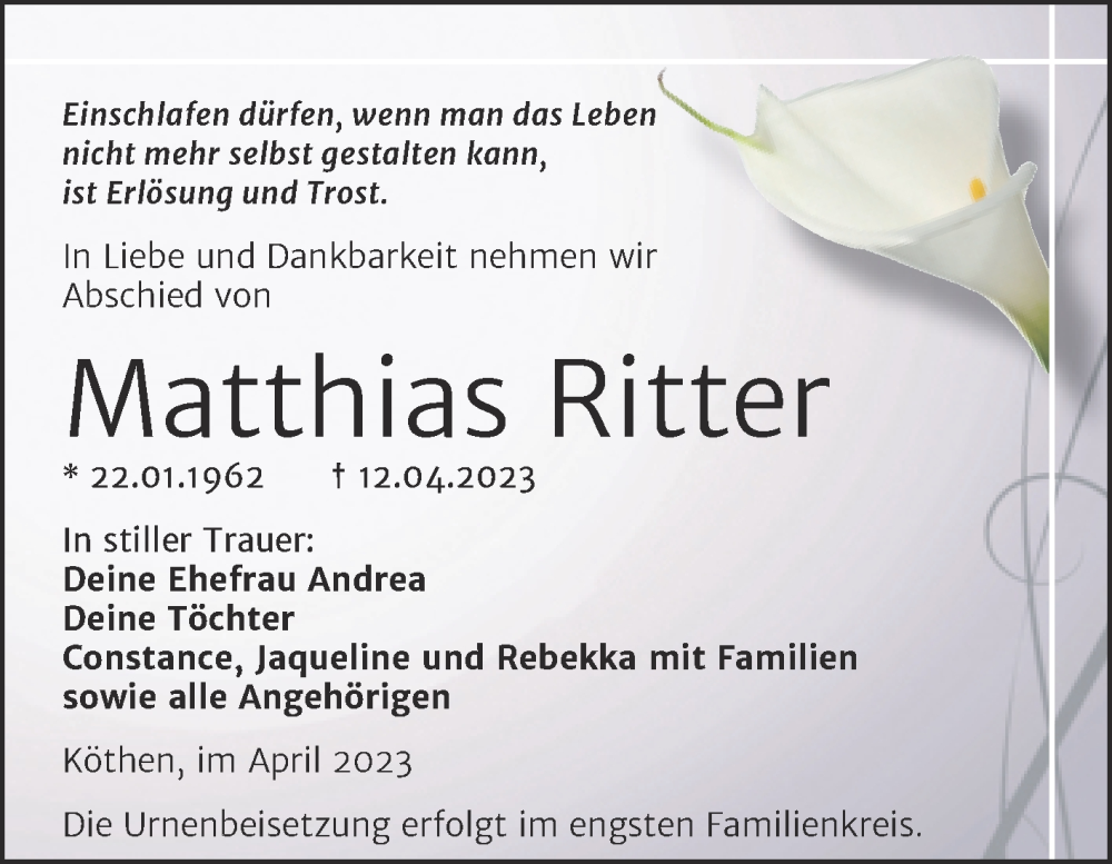 Traueranzeigen Von Matthias Ritter Abschied Nehmen De