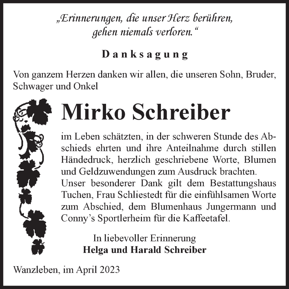 Traueranzeigen Von Mirko Schreiber Abschied Nehmen De