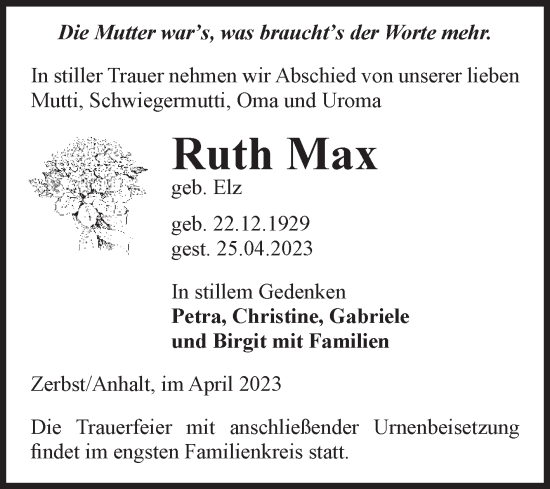 Traueranzeigen Von Ruth Max Abschied Nehmen De