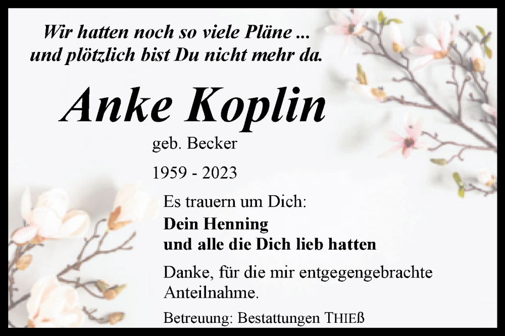 Traueranzeigen Von Anke Koplin Abschied Nehmen De