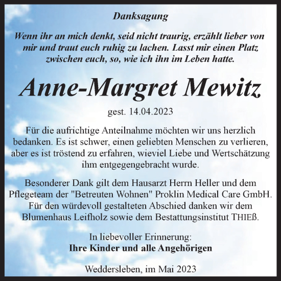 Traueranzeigen Von Anne Margret Mewitz Abschied Nehmen De