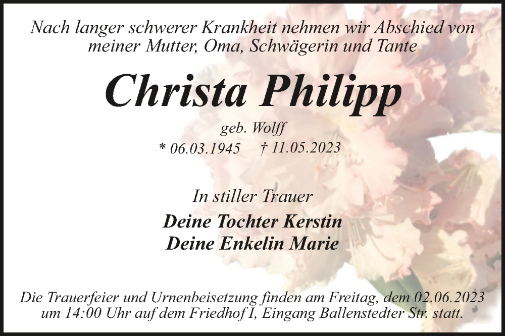 Traueranzeigen Von Christa Philipp Abschied Nehmen De