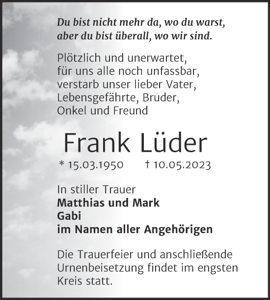 Traueranzeigen von Frank Lüder abschied nehmen de