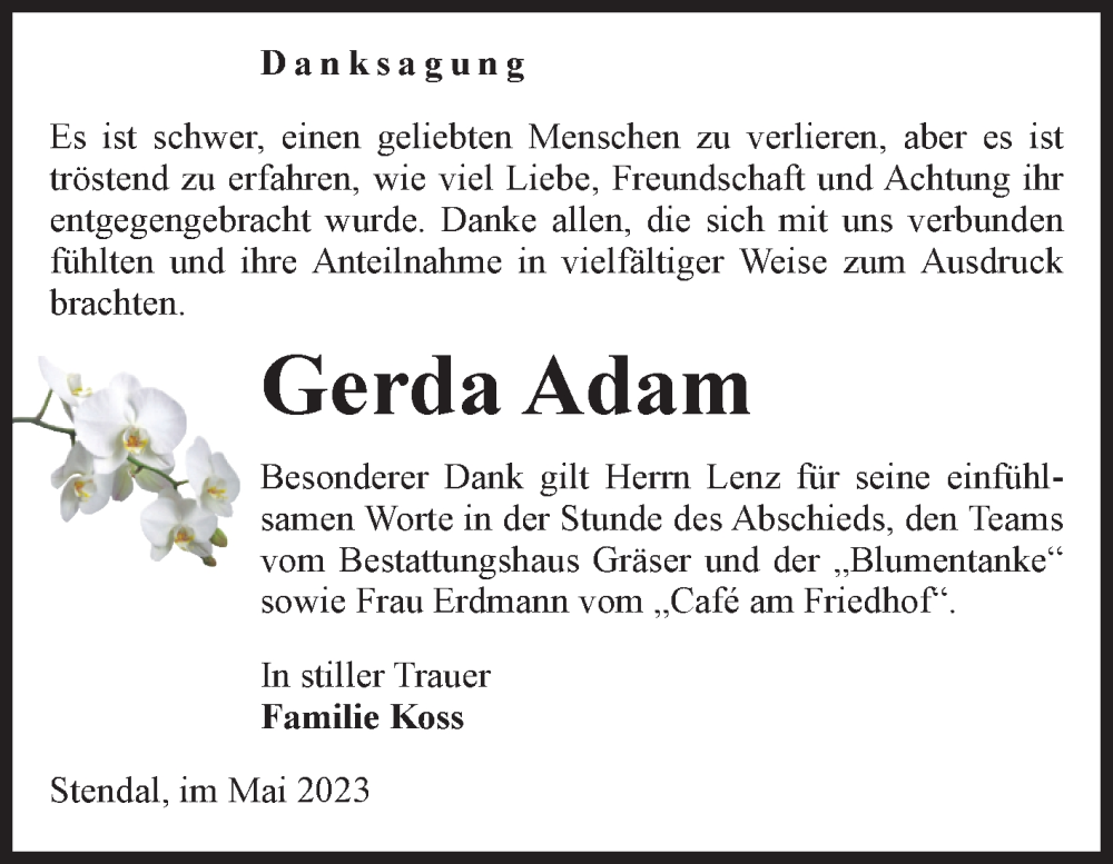 Traueranzeigen Von Gerda Adam Abschied Nehmen De