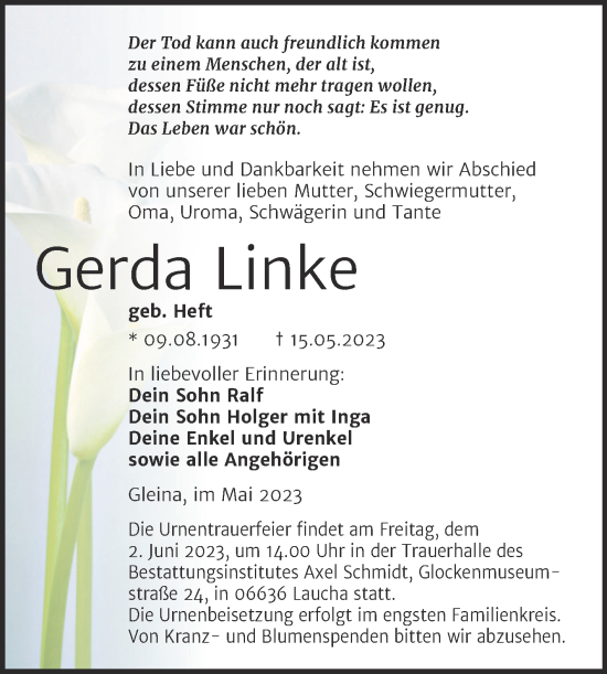 Traueranzeigen Von Gerda Linke Abschied Nehmen De