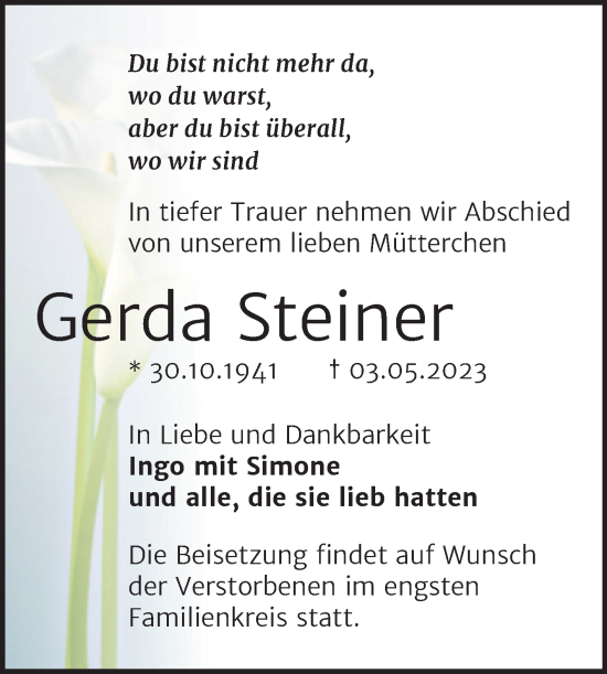 Traueranzeigen Von Gerda Steiner Abschied Nehmen De