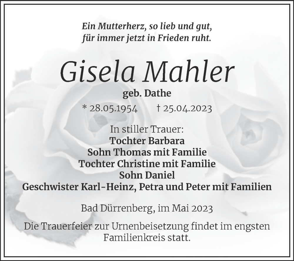 Traueranzeigen Von Gisela Mahler Abschied Nehmen De