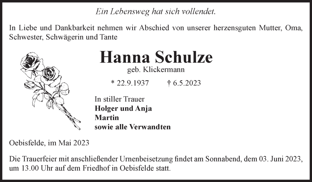 Traueranzeigen Von Hanna Schulze Abschied Nehmen De