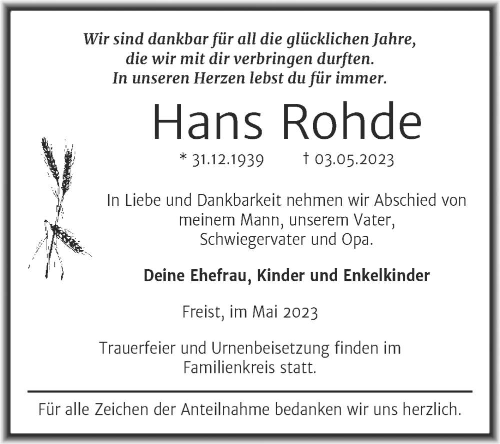 Traueranzeigen Von Hans Rohde Abschied Nehmen De