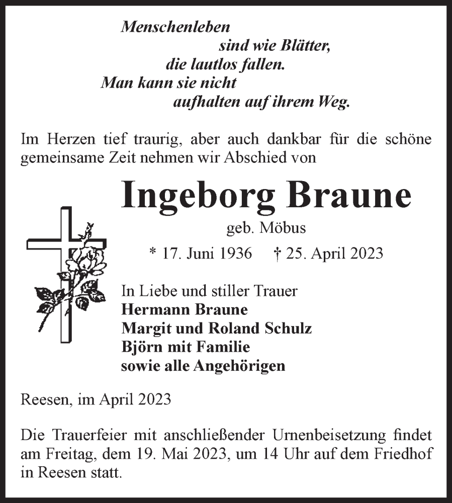 Traueranzeigen Von Ingeborg Braune Abschied Nehmen De