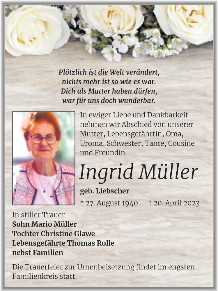 Traueranzeigen Von Ingrid M Ller Abschied Nehmen De