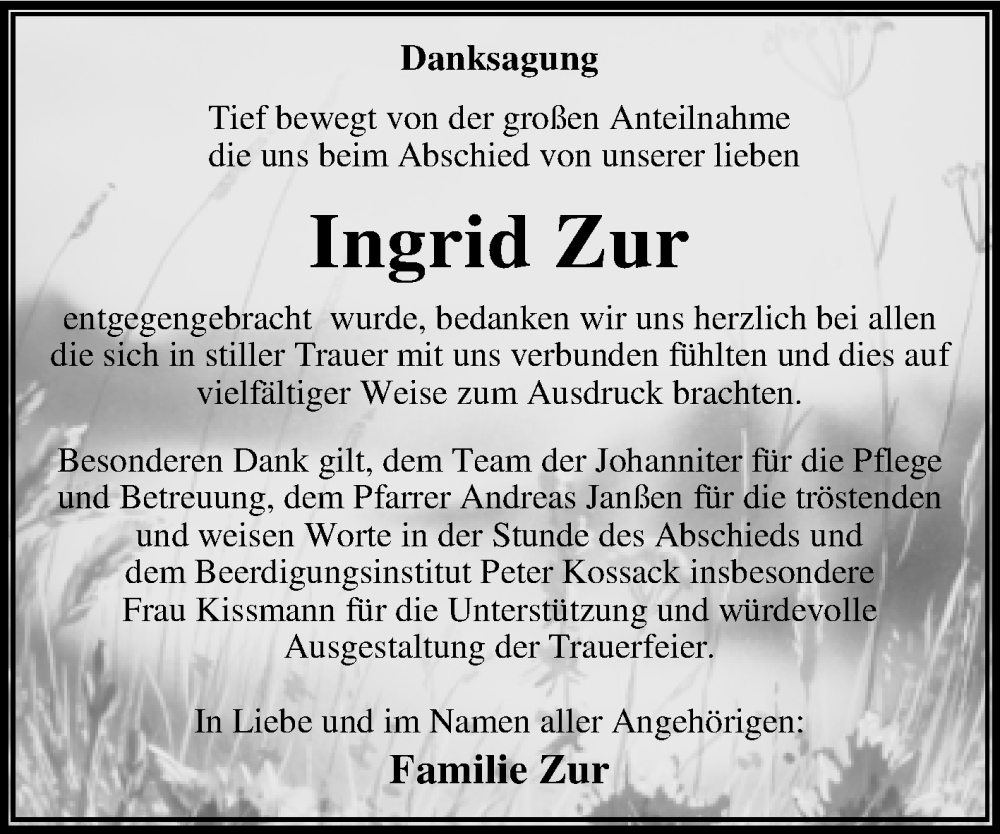 Traueranzeigen Von Ingrid Zur Abschied Nehmen De