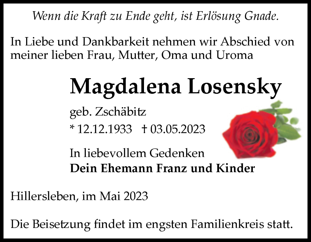 Traueranzeigen Von Magdalena Losensky Abschied Nehmen De