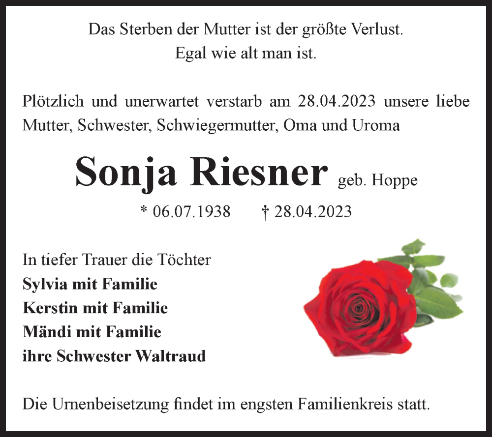 Traueranzeigen Von Sonja Riesner Abschied Nehmen De